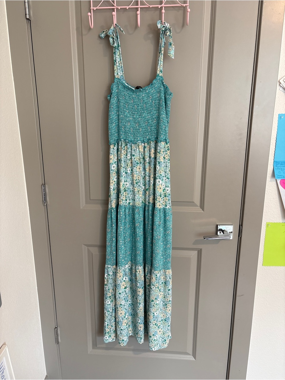 City Triangles Floral Smocked Maxi Dress Teal Blue‎ Tiered Summer Cottagecore M